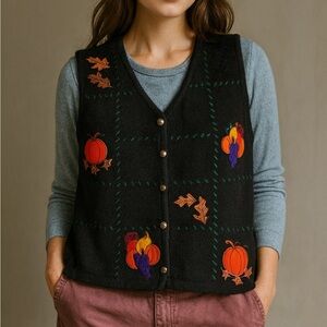 Vtg Croft & Barrow Embroidery Pumpkin Harvest  Fall Thanksgiving Sweater Vest